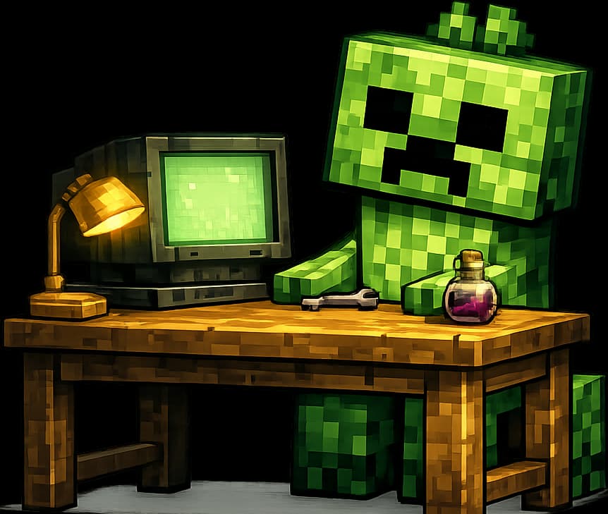 The CreepFalls creeper at its workshop desk